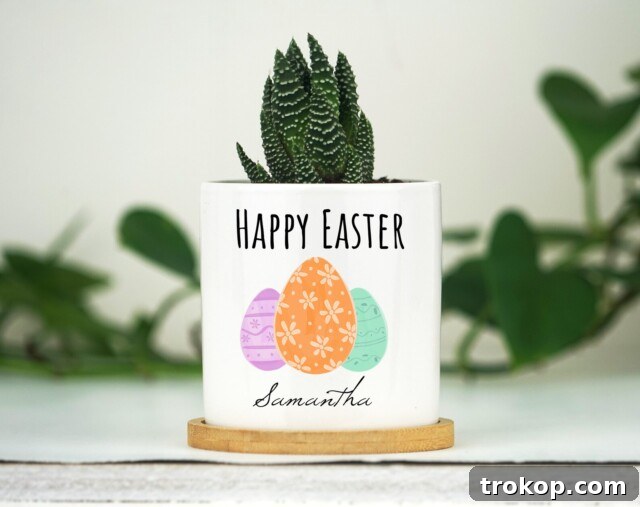 Personalized Easter Egg Name Gift Planter- 3" White Ceramic Pot w/ Bamboo Tray - Easter Home Decor - Easter Basket Stuffer - Easter Basket