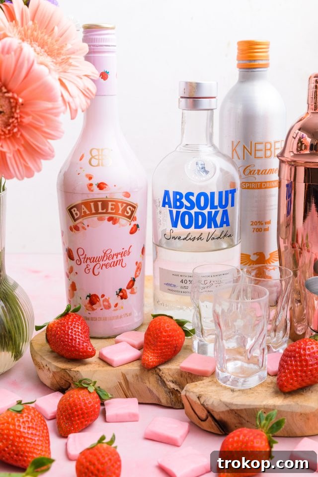 Ingredients used to make the Pink Starburst shots, neatly arranged for preparation.