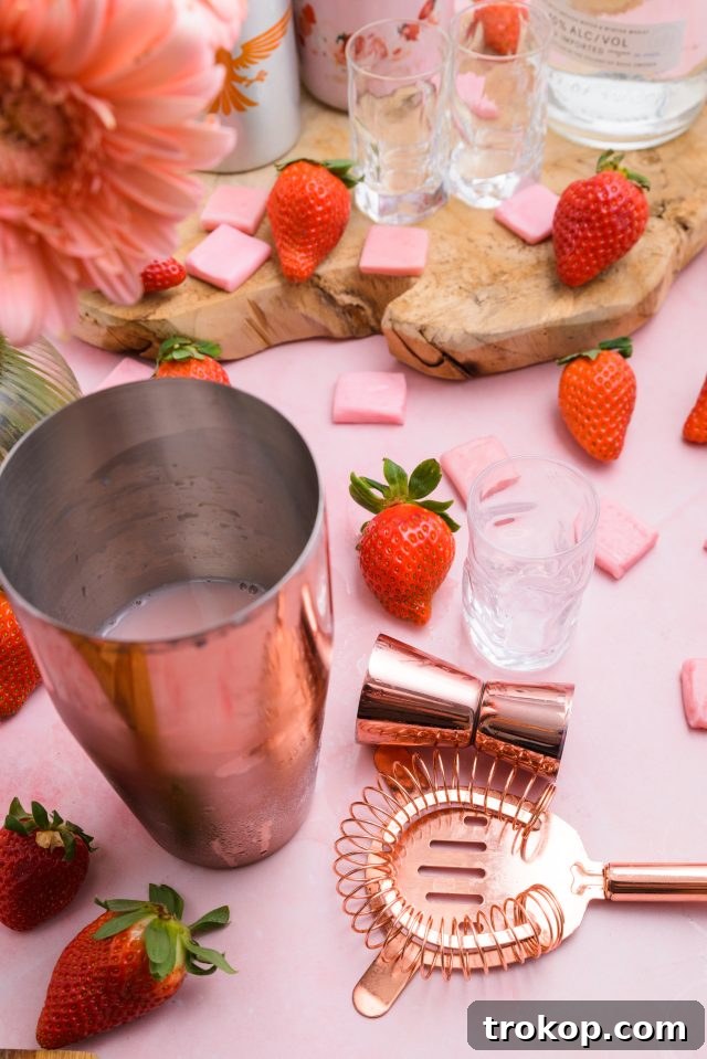 Useful equipment for creating the Pink Starburst shots, including a cocktail shaker and jigger.