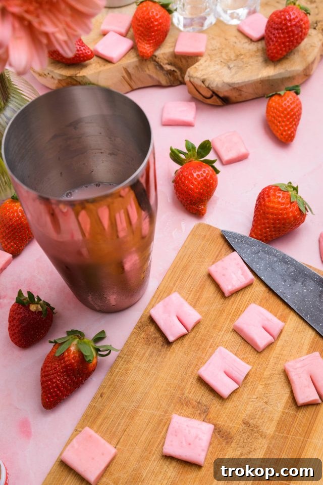 Close-up of a pink Starburst candy with a tiny slit on one side, prepared for garnish.