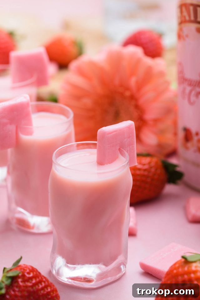 Front view shot of the Pink Starburst shot, beautifully garnished and ready to serve.