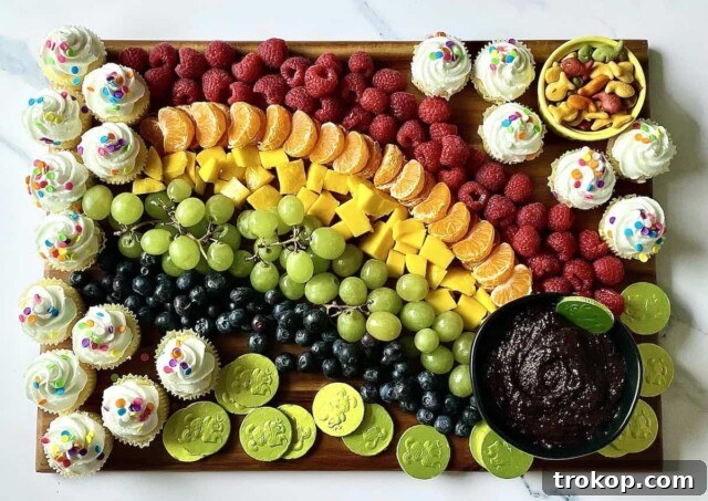 Brilliant Fruit Platter Ideas and Expert Presentation Tips 14 A festive St. Patrick's Day fruit tray designed as a rainbow, complete with fluffy cupcake 'clouds' and a pot of gold at the end.
