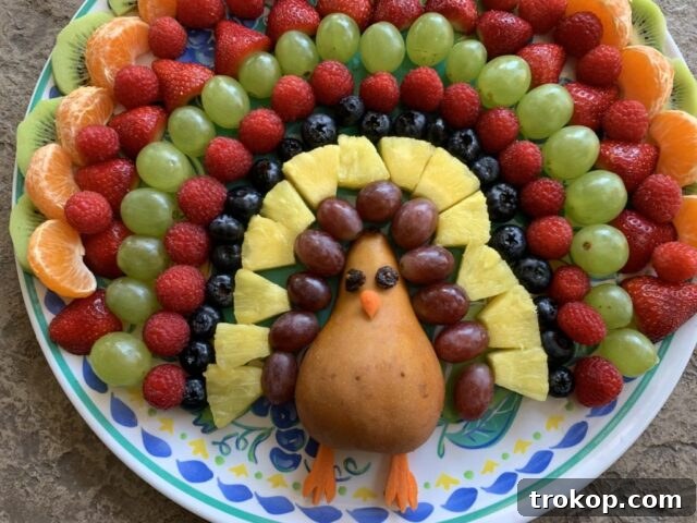 Brilliant Fruit Platter Ideas and Expert Presentation Tips 22 A whimsical Thanksgiving fruit platter creatively arranged to resemble a turkey, using a pear for the body, raisins for eyes, and various fruit slices as vibrant feathers.