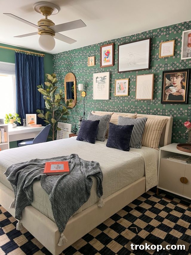 From Workspace to Dream Space The Reveal 2 A beautifully redesigned small office home bedroom by Ashley Rose of Sugar & Cloth, featuring vibrant green and floral accents.