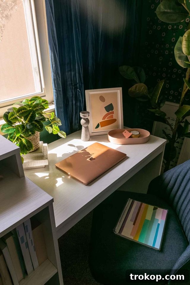 From Workspace to Dream Space The Reveal 12 Tabletop decor ideas for a small office bedroom by Ashley Rose of Sugar & Cloth, featuring curated accessories.