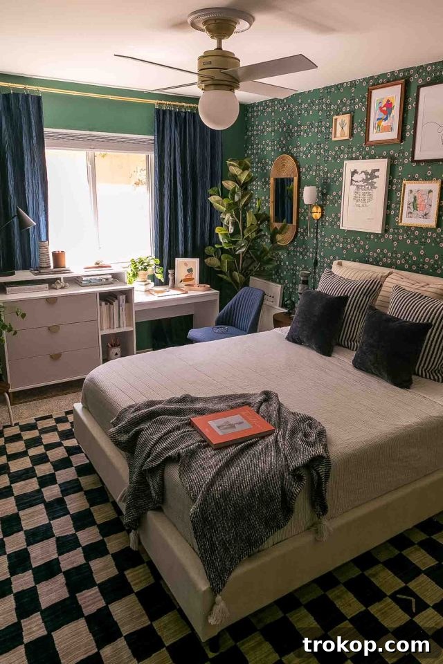 From Workspace to Dream Space The Reveal 13 A vibrant green bedroom office makeover by Ashley Rose of Sugar & Cloth, showcasing a blend of functionality and style.