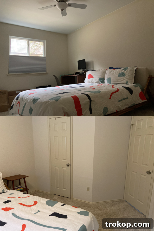 From Workspace to Dream Space The Reveal 3 Before photos of a bare, non-functional small home office space, highlighting its initial limitations.
