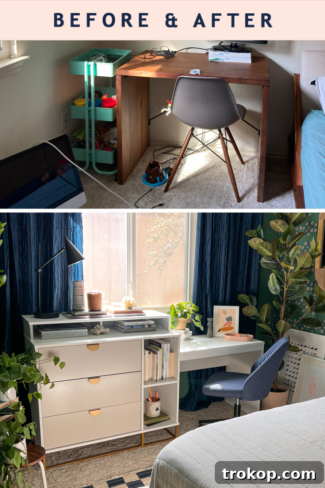 From Workspace to Dream Space The Reveal 7 Before and after comparison of the office desk setup in the bedroom, showing improved functionality and aesthetics.