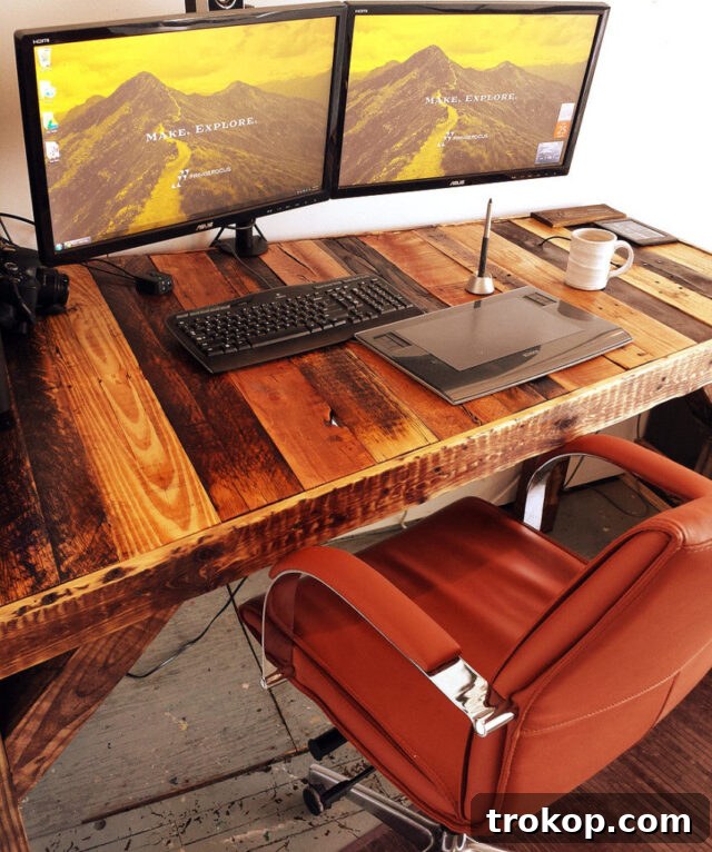 Robust DIY pallet desk, ideal for a spacious home office or craft area, designed to support multiple monitors and creative projects