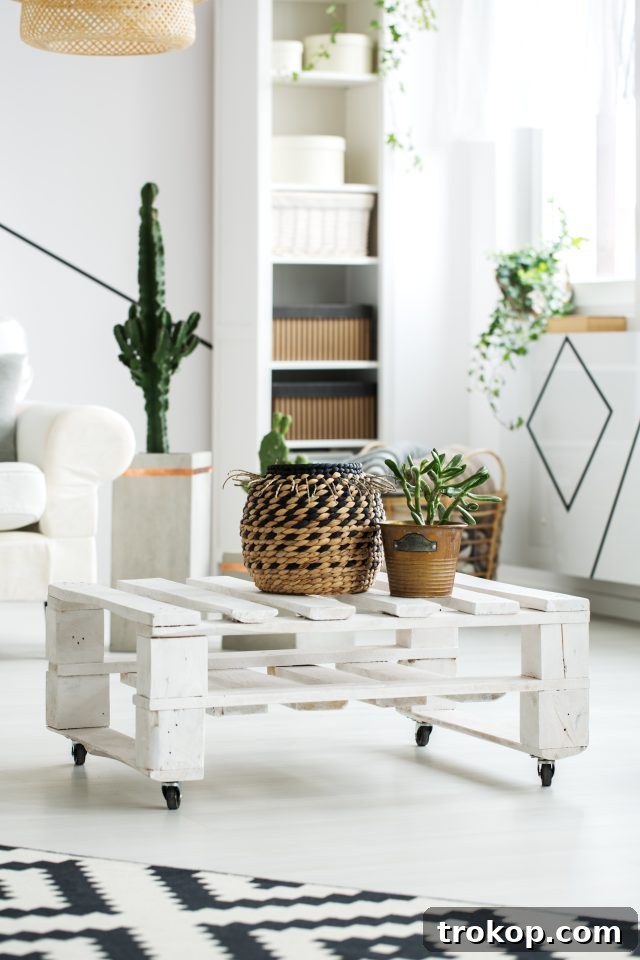 Elegant white wooden coffee table made of stacked pallets, stylishly adorned with green plants and decorative books, showcasing a DIY pallet project