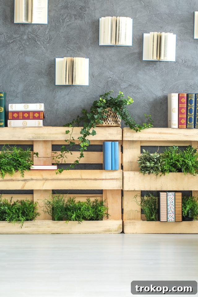 Creative and inspiring wall-mounted bookshelf made from repurposed pallets, adding a modern yet rustic touch to a room