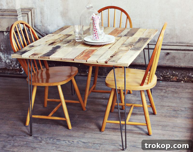 Inspiring DIY pallet table idea by A Beautiful Mess, perfect for adding rustic character to any kitchen or patio space