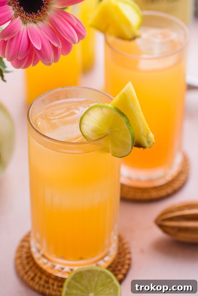Tropical Gin and Juice cocktail served in a tall glass with fresh fruit garnish