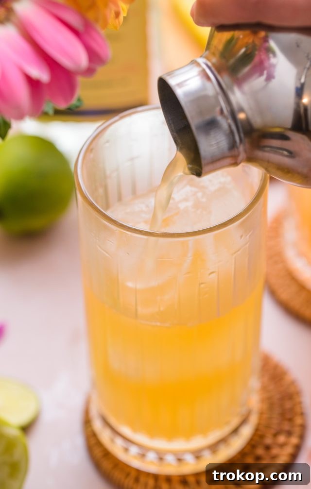 Strain the gin and juice mixture into a tall glass with crushed ice