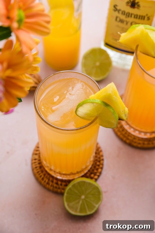 Gin and Juice Cocktail with Mango Juice and Pineapple Juice, ready to drink