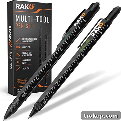 38 Unforgettable Gifts for Dad, Chosen by His Daughter 11 RAK 2-in-1 Multi-Tool Pen Set (2 Pack) Father's Day Gifts for Dad - LED Light, Stylus, Ruler, Level, Bottle Opener, Screwdriver, Ballpoint - Construction & Tactical Pen, Engineering Gift for men - a versatile and practical tool