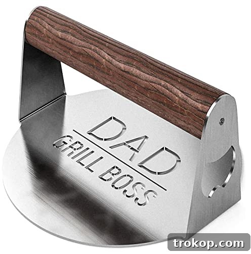 38 Unforgettable Gifts for Dad, Chosen by His Daughter 17 GALVANOX BBQ Press Grilling Gift for DAD The Grill Boss - Stainless Steel Smash Burger Press for Hamburger/Bacon with Wood Handle & Beer Opener (for Christmas, Birthday, Fathers Day) - crowns dad as the #1 Grill King