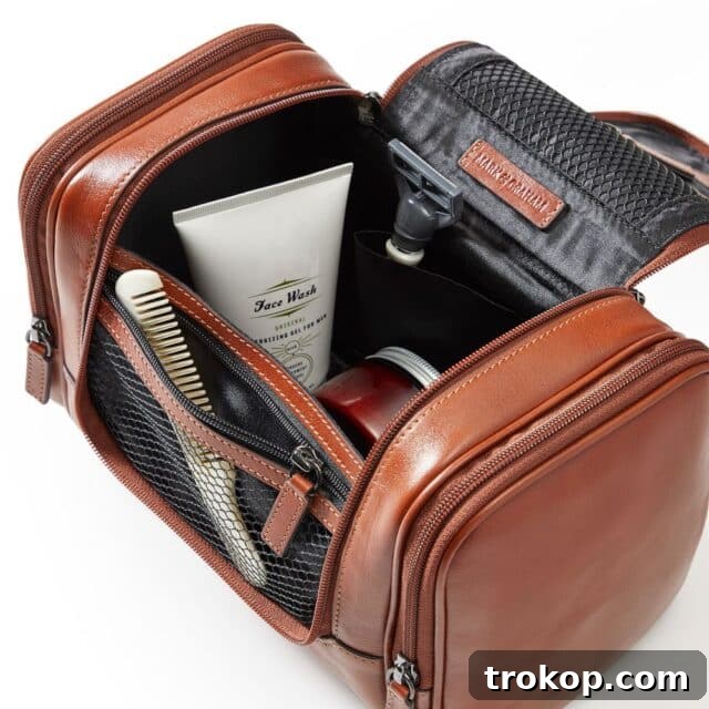 38 Unforgettable Gifts for Dad, Chosen by His Daughter 27 Graham Leather Hanging Toiletry Bag for gifts for dad from daughter - a classic and sophisticated travel accessory