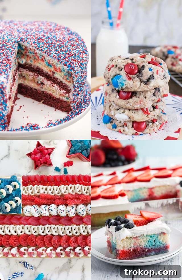 A vibrant selection of red, white, and blue desserts for a Fourth of July party spread