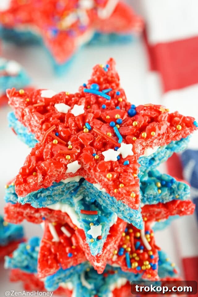 Festive Fourth of July Rice Krispie Treats with red, white, and blue colors