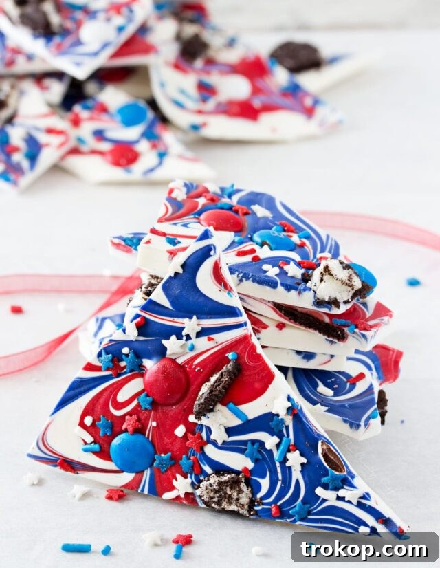 Patriotic red, white, and blue chocolate bark with sprinkles