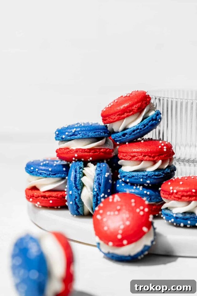 Exquisite Fourth of July macarons with red, white, and blue shells