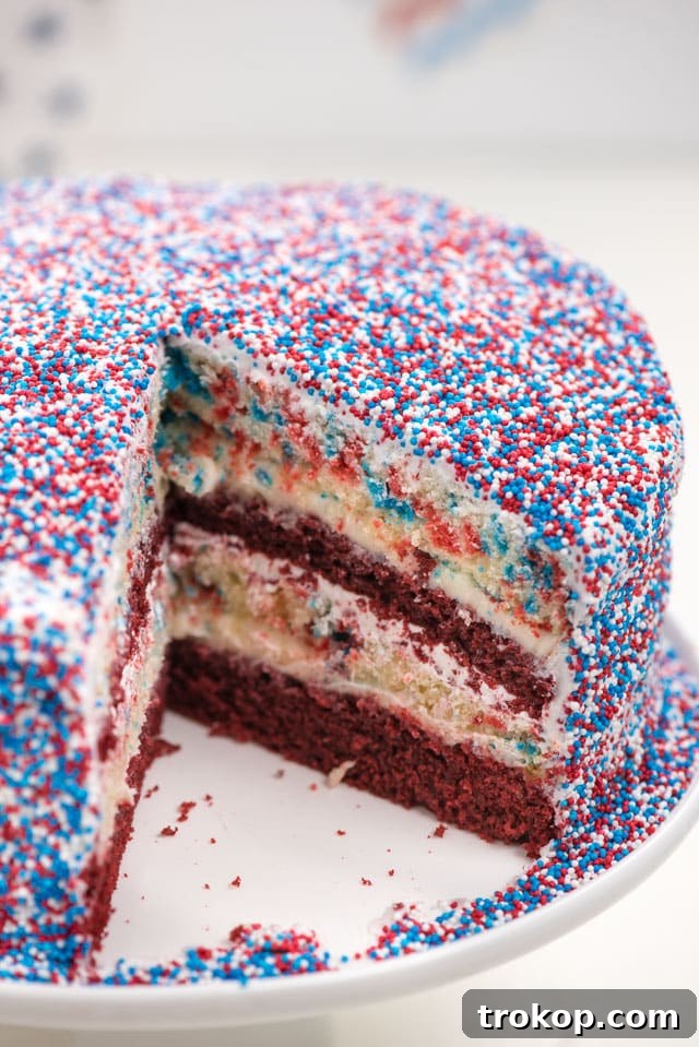 A festive Red Velvet Fireworks Cake with patriotic sprinkles