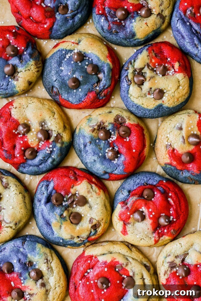 Festive Fourth of July chocolate chip cookies with red, white, and blue chips and sprinkles