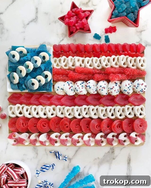 An American flag themed candy board, perfect for Fourth of July snacking