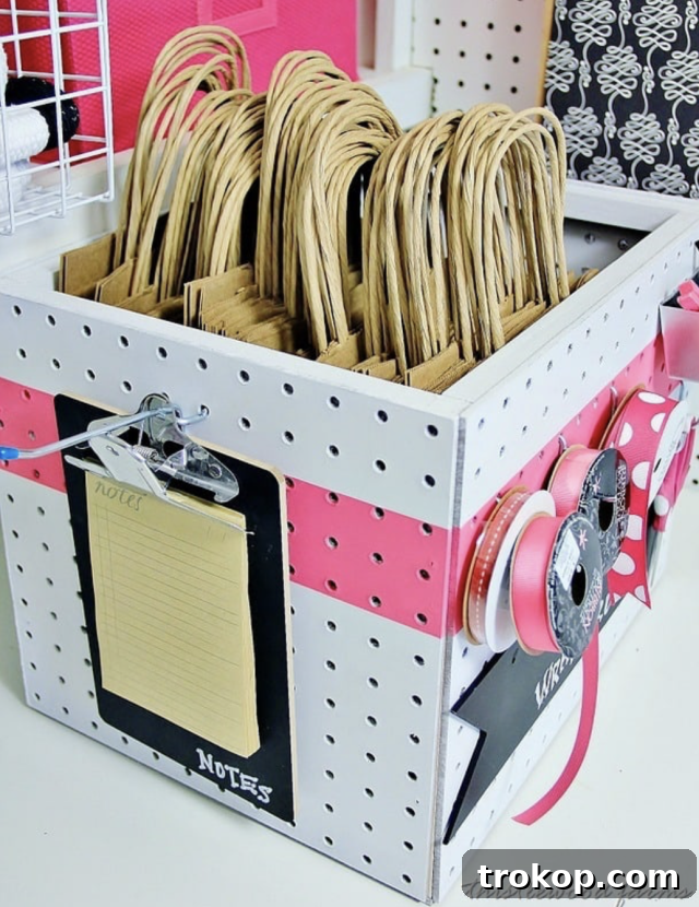 Pegboard Perfection: 26 Creative Ways to Organize and Beautify Every Room 7 How to make a peg board box and a gift wrapping station with various supplies