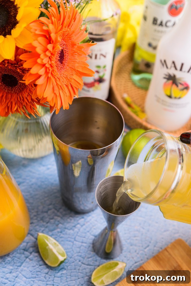 Sunshine in a Glass Bahama Mama Recipe 5 A step-by-step image showing ingredients being poured into a cocktail shaker for a Bahama Mama.