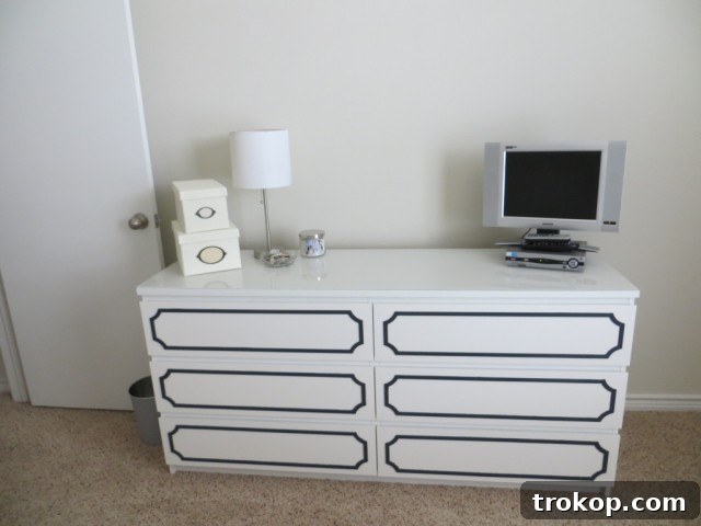 IKEA Malm dresser hack using wood moulding for a vintage makeover