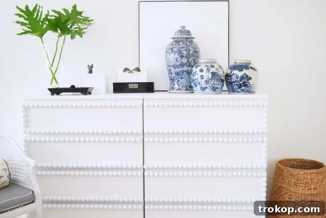 IKEA Malm dresser hack with decorative bobbin balls