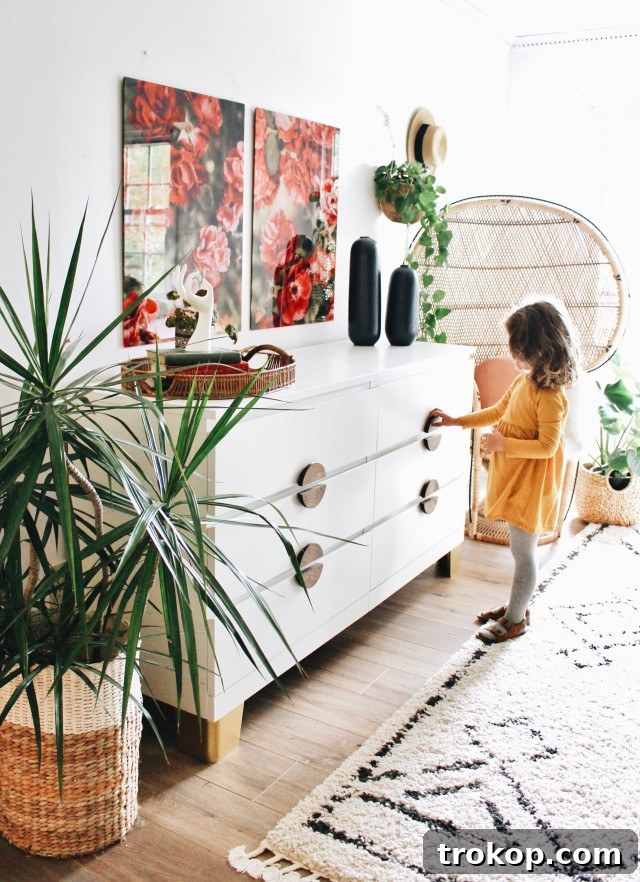 IKEA Malm dresser hack with custom wooden plaque circle pulls