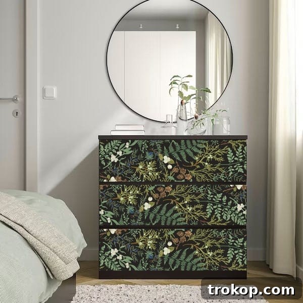 IKEA Malm Dresser with botanical patterned decal on drawer fronts