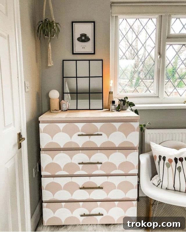 IKEA Malm dresser with stenciled scallop design on drawer fronts