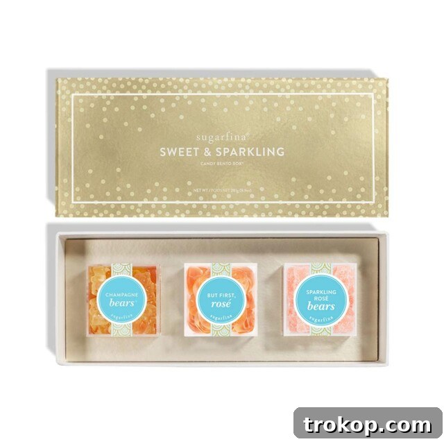 Sugarfina Gifts- 3 Piece Candy Bento Box featuring Champagne Gummy Bears for hostess gifts.
