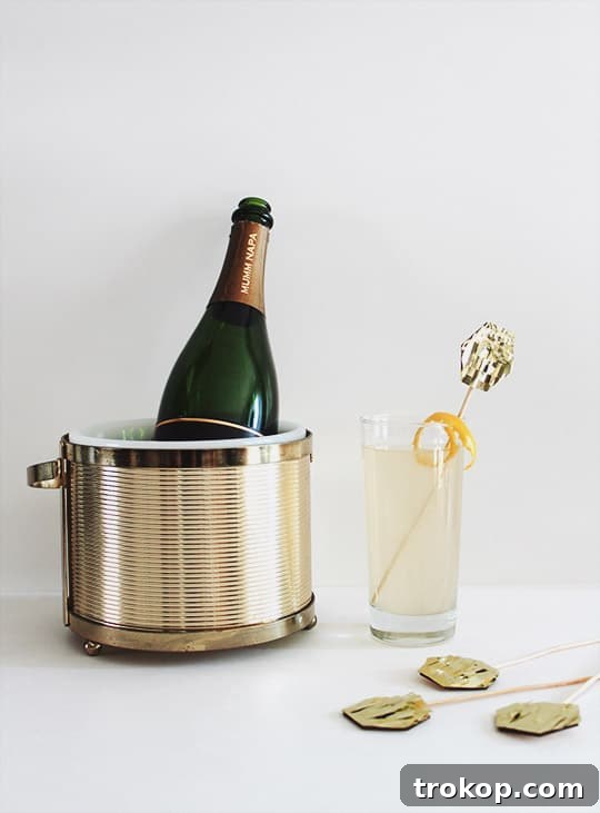 Learn how to make a classic French 75 cocktail and add a creative twist with Gold DIY Fringe Cocktail Stirrers.