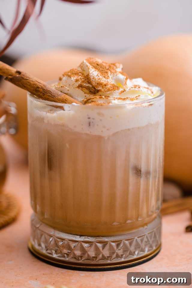 Close-up view of a Pumpkin Spice White Russian cocktail, showcasing its creamy texture and festive garnish.