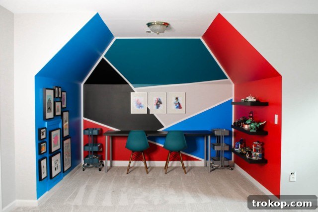 His Style, His Walls: Personalized Paint Ideas for Boys' Bedrooms 11 Lego room for boys painting ideas with bold geometric patterns