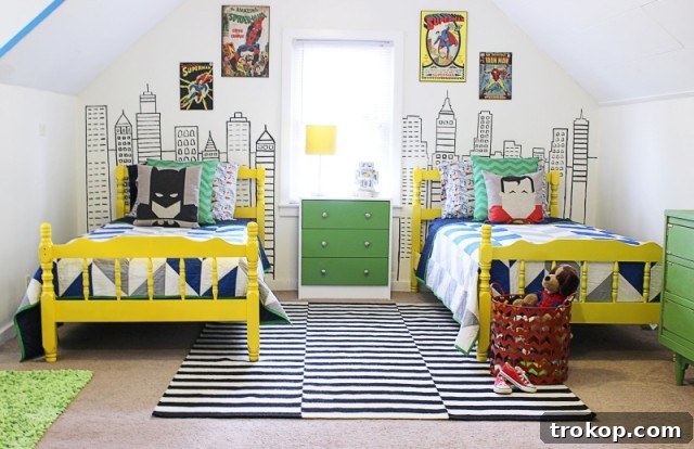 His Style, His Walls: Personalized Paint Ideas for Boys' Bedrooms 9 Superhero Bedroom featuring a city skyline mural