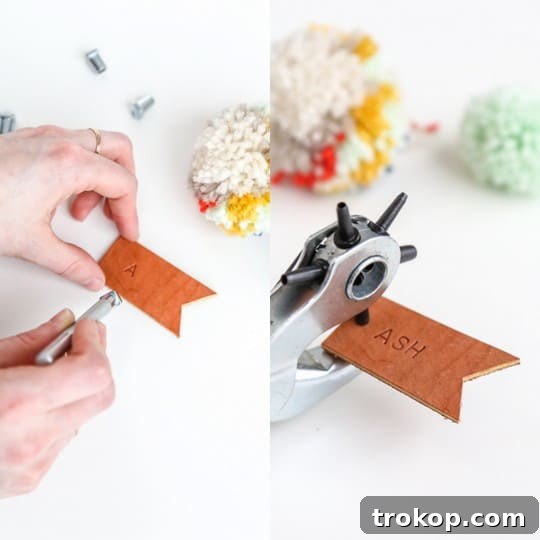 Playful Pom Pom Leather Bag Charms 6 Cutting and stamping leather for DIY luggage tags