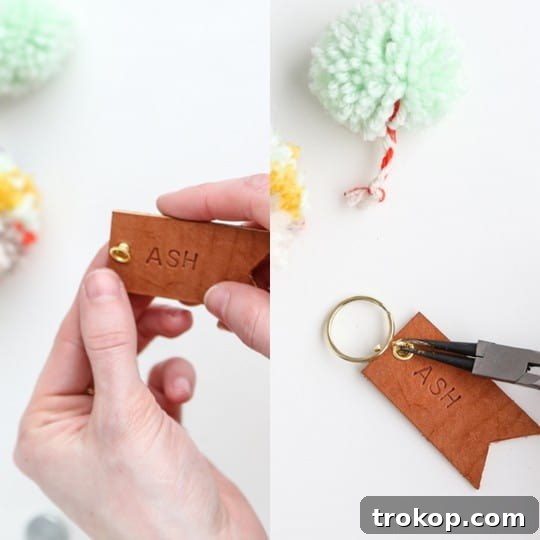 Playful Pom Pom Leather Bag Charms 7 Using an alphabet punch kit on leather for a personalized luggage tag