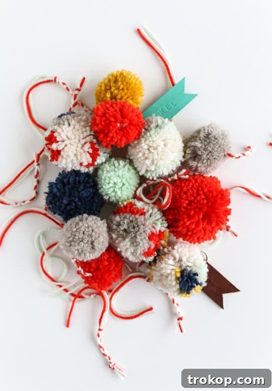Playful Pom Pom Leather Bag Charms 9 Finished DIY pom pom and leather luggage tag attached to travel luggage