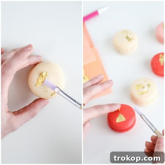 Step-by-step guide on applying edible gold leaf to macarons