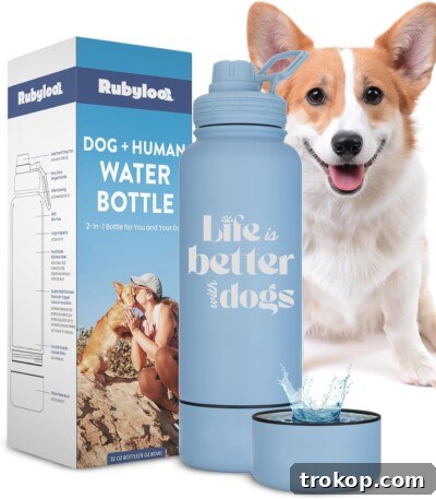 31 Pawsome Gift Ideas for Dog Owners 6 Dog Water Bottle for Dog Lovers - 32 oz Stainless Steel Double Wall Insulated Water Bottle with 8 oz Attached Dog Bowl - Best Dog Mom Gifts for Women - “Life is Better with Dogs” - Dusty Blue