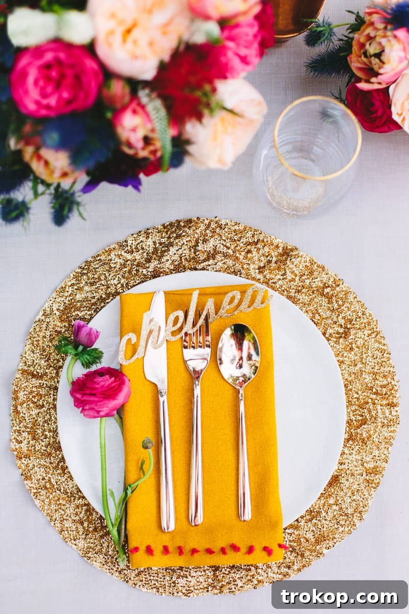 Palm Springs Petals: Desert Dining Dreams 6 Close-up of sequin placemats and a vibrant floral arrangement for a Palm Springs event
