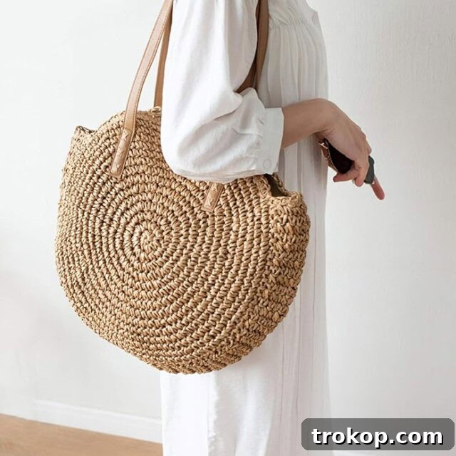 Straw Handbags Women Handwoven Round Corn Straw Bags Natural Chic Hand Large Summer Beach Tote Woven Handle Shoulder Bag