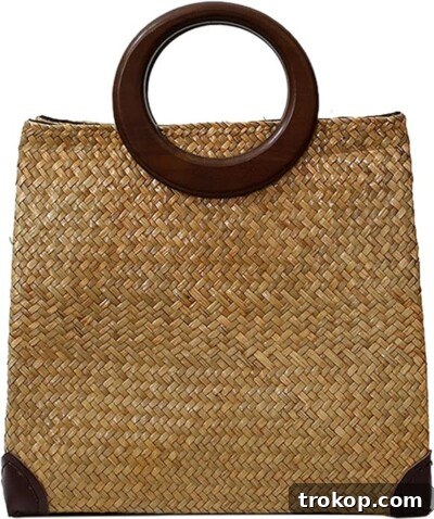 QZUnique Hand-woven Straw Bag Women Summer Beach Handbag Purse Retro Rattan Tote Clutch Travel Bag with Wood Round Top Handle