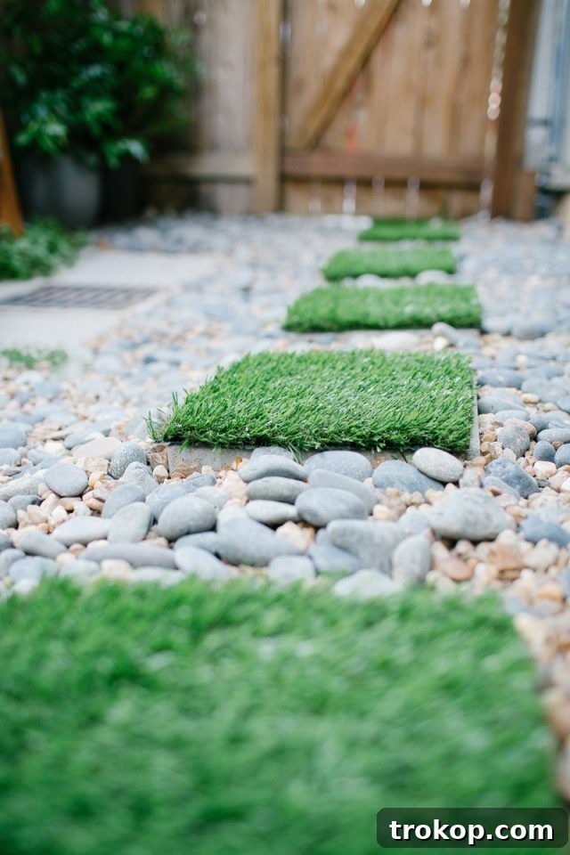 Close-up of DIY faux grass stepping stones